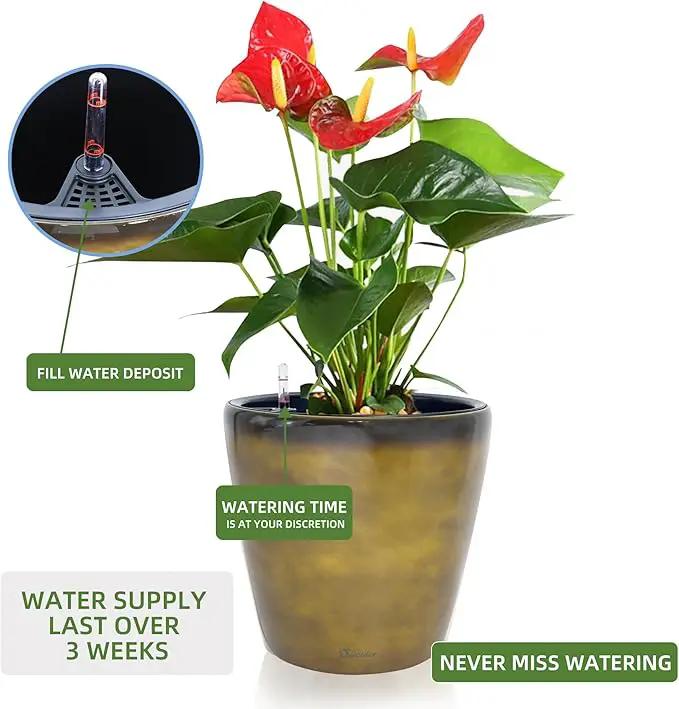 Dexceder 13x12 Self Watering Planter with Wheels Indoor Outdoor, Inner Pot Design, Thickened Large Floor Standing Flower Plant Pot with Water Level Indicator (Yellow Brown Gradient) by GreenHaven Gardens