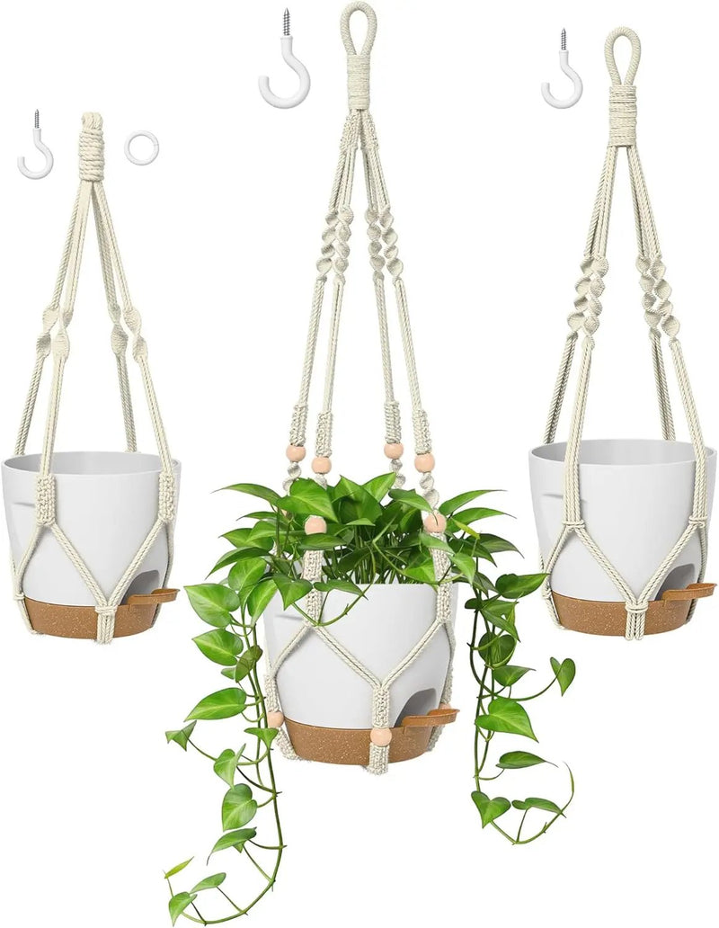 Macrame Plant Hangers for Indoor and Outdoor Use, Set of 3 Hanging Plant Pots Holders with Hooks, Ivory Cotton Rope, Tassel-Free, Fits 6" to 10" Pots, Rope Lengths 35", 26", 20", (No Pots Included) by GreenHaven Gardens