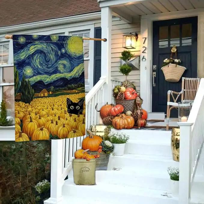 BLKWHT Fall Pumpkin Cat House Flag 28x40 Vertical Double Sided Blue Sky Autumn Thanksgiving Holiday Outside Decorations Burlap Yard Flag BW825-40 by GreenHaven Gardens