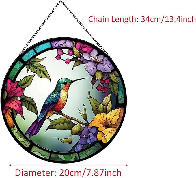 Hummingbirds and Flowers Pattern Hanging Stained Glass Suncatcher,Stained Glass Suncatchers for Windows,20cm/7.87inch Hand-Painted Sun Catcher Garden Painted Glass Panel Decor Themed Gift by GreenHaven Gardens