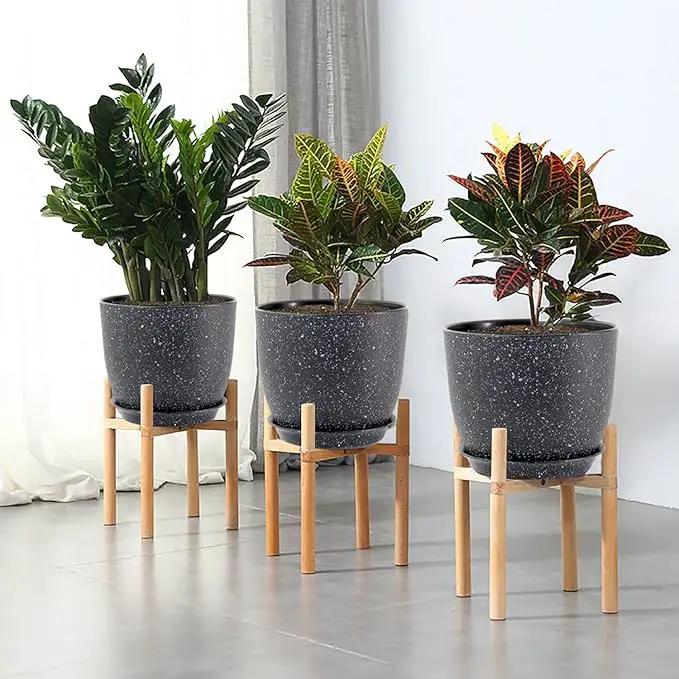 12/10/9 Large Modern Plant Pots, Plastic Planters with Drainage Holes and Saucers for Indoor Outdoor Plants Flowers, Black Speckles by GreenHaven Gardens