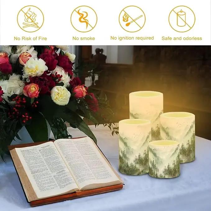 LED Flameless Candles Set Battery Operated Candles Pack of 4 with Remote Control Timer Dancing Flame Pillar Candles for Indoor Home Desktop Decoration, Mountain Tree Green by GreenHaven Gardens