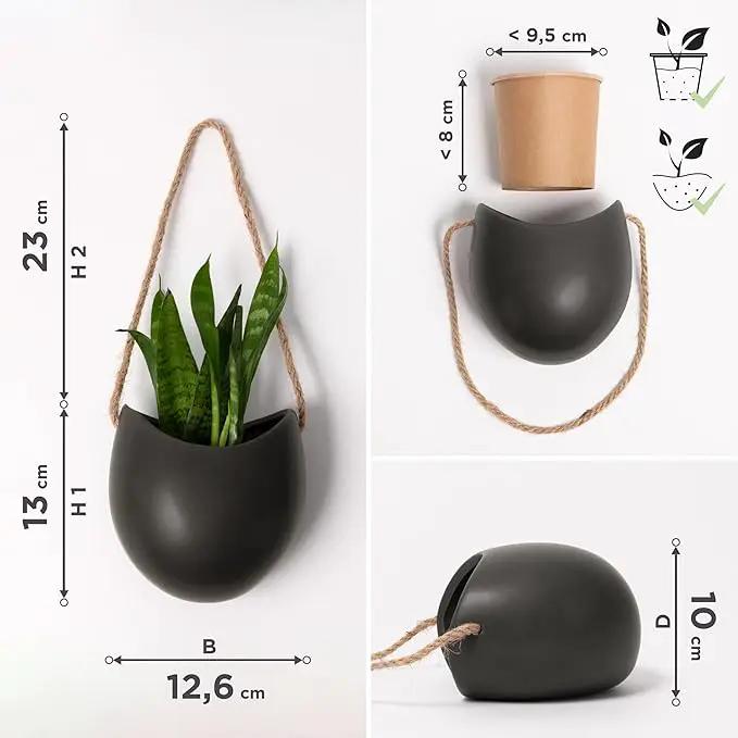 Wall Planters -Ellie- | Hanging Ceramic Plant Pots 3 Pieces | Wall Decoration for Indoors, Balcony and Garden | Graphite (Matte) by GreenHaven Gardens