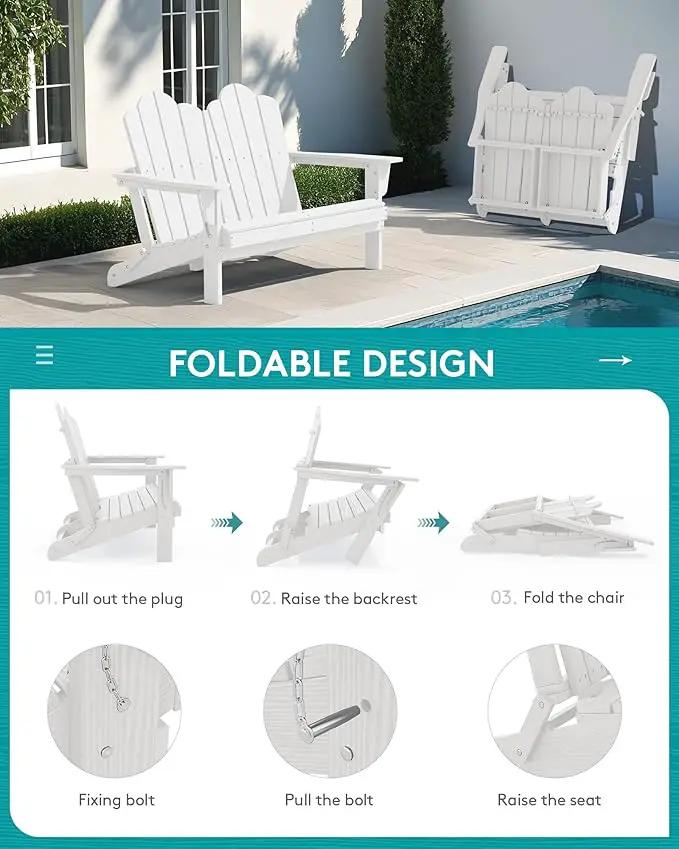 SERWALL Folding Adirondack Bench, HDPE All-Weather Adirondack Loveseat, 660 lbs Capacity, Foldable Outdoor Patio Bench for Deck, Lawn, Garden, White by GreenHaven Gardens