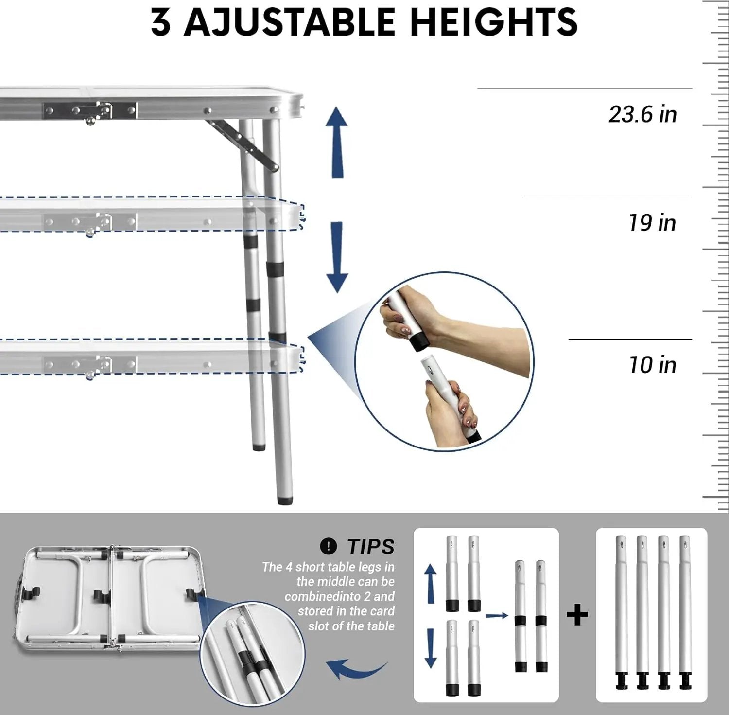 Small Folding Table 2FT Lightweight Portable Aluminum Camping Table for Picnic and Camping Mini Foldable with Adjustable Extended Height,Silver by GreenHaven Gardens