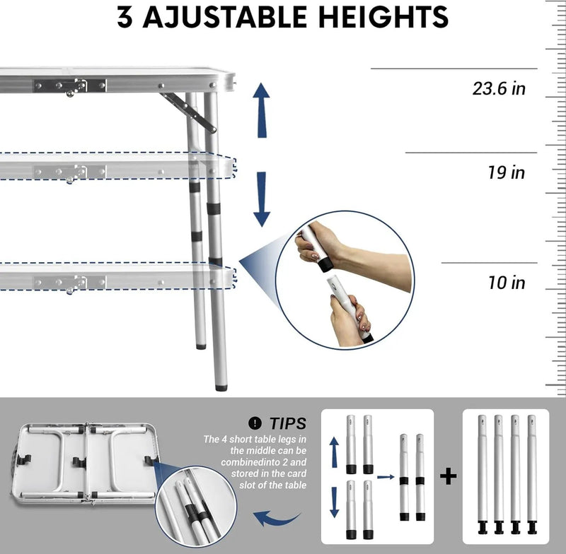 Small Folding Table 2FT Lightweight Portable Aluminum Camping Table for Picnic and Camping Mini Foldable with Adjustable Extended Height,Silver by GreenHaven Gardens