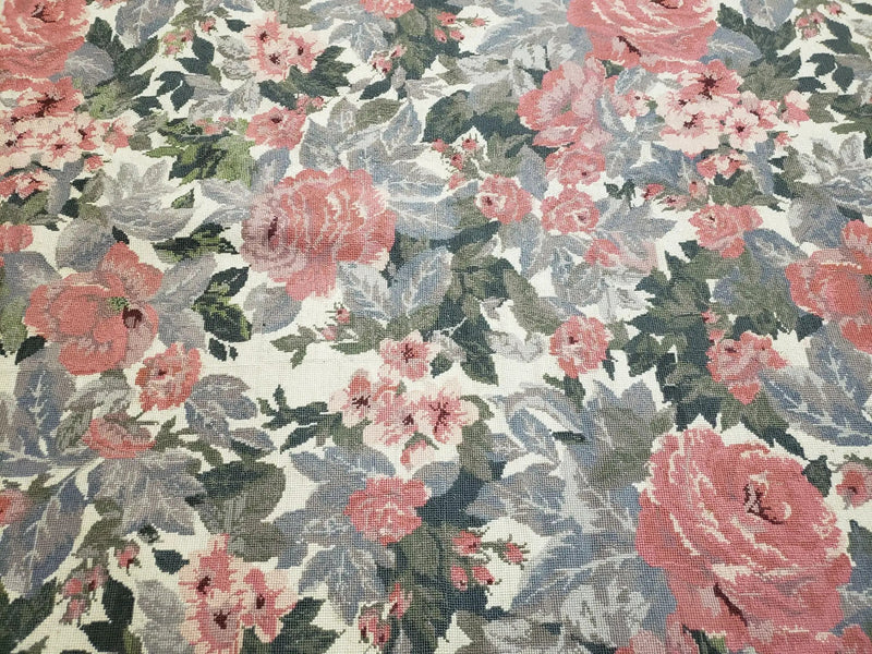 5x8 Needlepoint Rug 5' 4" x 8' 3" Wool Flat Weave Floral New Unused Carpet English Design Ivory Large Pink Flowers Green Leaves Hand-Knotted by Jewel Rugs