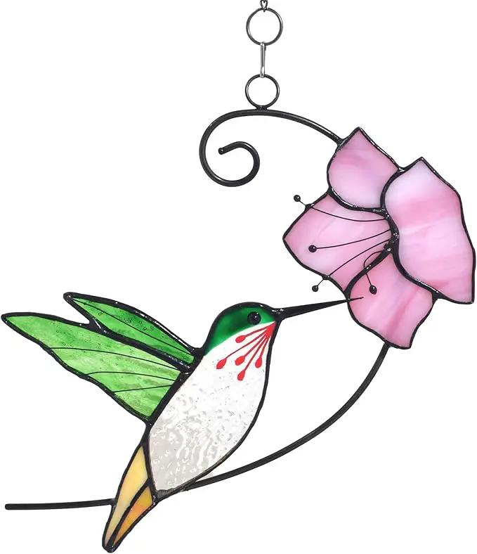 Lolitarcrafts Hummingbird with Flower Stained Glass Suncatcher Bird Stained Glass Window Hangings Hummingbird Gift for Home Decor (Green with Flower) by GreenHaven Gardens
