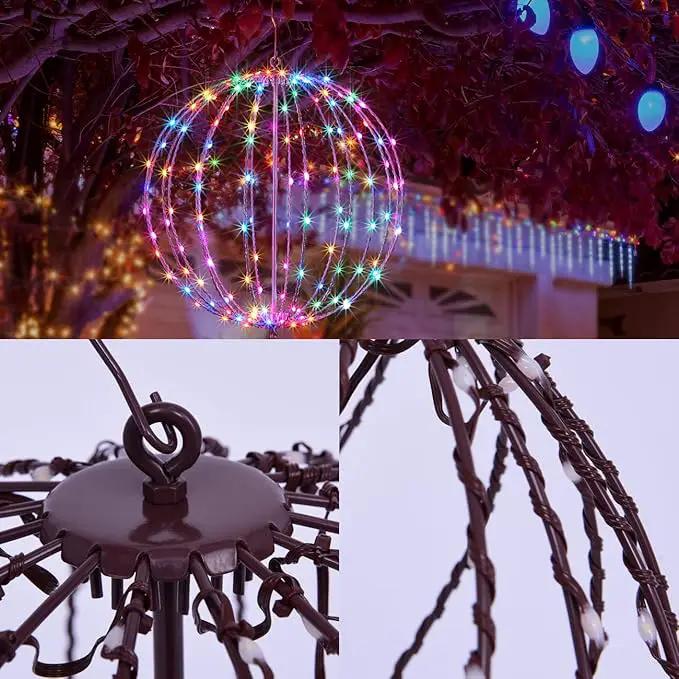 Christmas Ball Sphere 16IN 128LED Hanging Tree Light and Pathway Lights - Foldable Metal Frame, White, RGB by GreenHaven Gardens