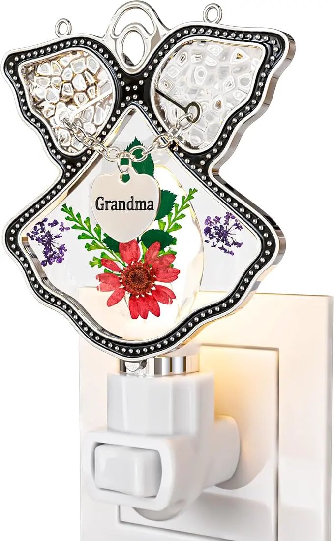KY&BOSAM Night Light Grandma Stained Glass Angel Night Lights Plug Into Wall with Real Flower in Glass and Metal Charm Night Light for Nursery Bedroom Bathroom Accent Lite Elegant Home Decoration by GreenHaven Gardens
