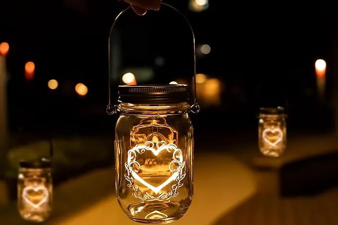 Hanging Solar Mason Jar Lights, 2 Pack Warm Heart Shape Led Lights, Solar Powered Lanterns Outdoor Waterproof, Hangers and Jars Included, Gift for Lover, Home Party Wedding Garden Patio Decor (2) by GreenHaven Gardens