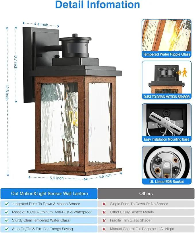 VIANIS Motion Sensor Outdoor Lights, Dusk to Dawn Outdoor Lighting for House, Wood Grain Garage Lights, Lantern Wall Mount, Waterproof Porch Sconce for Entryway, with Anti-Rust, Weather Resistant by GreenHaven Gardens