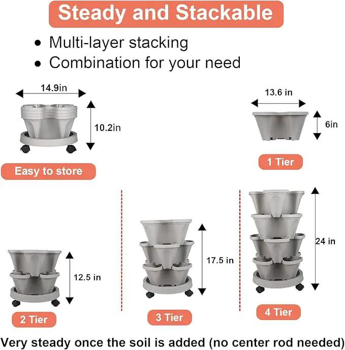 Vertical Planter 4 Tier Stackable Planters Garden Planters Strawberry Herb Flower and Vegetable Planter Indoor Outdoor Gardening Pots with Removable Wheels and Tools 2-Pack by GreenHaven Gardens