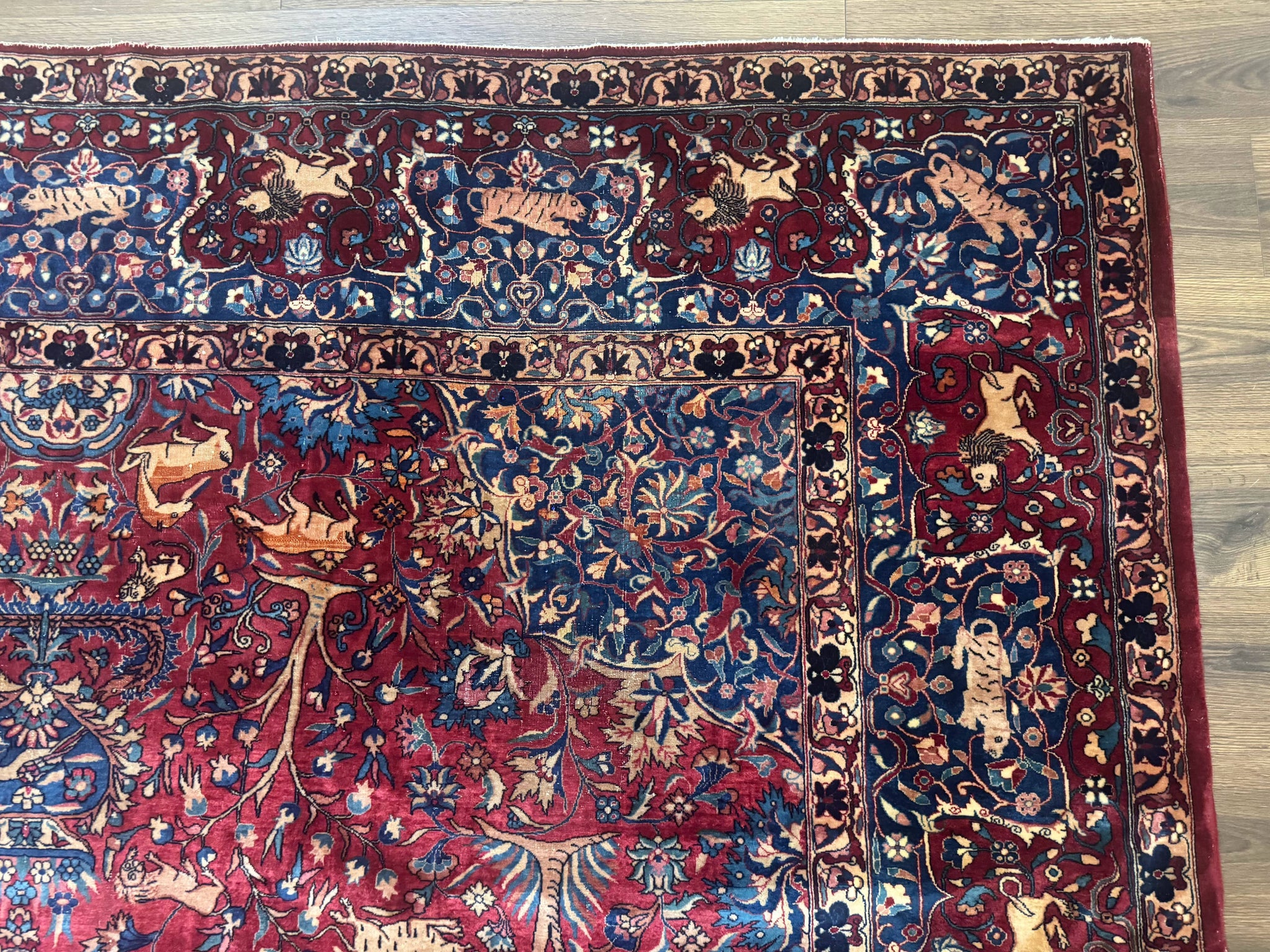 Antique Indo Persian Kerman Rug 9x12 Red Manchester Wool Animal Pictorials, Fine 290 KPSI by Jewel Rugs