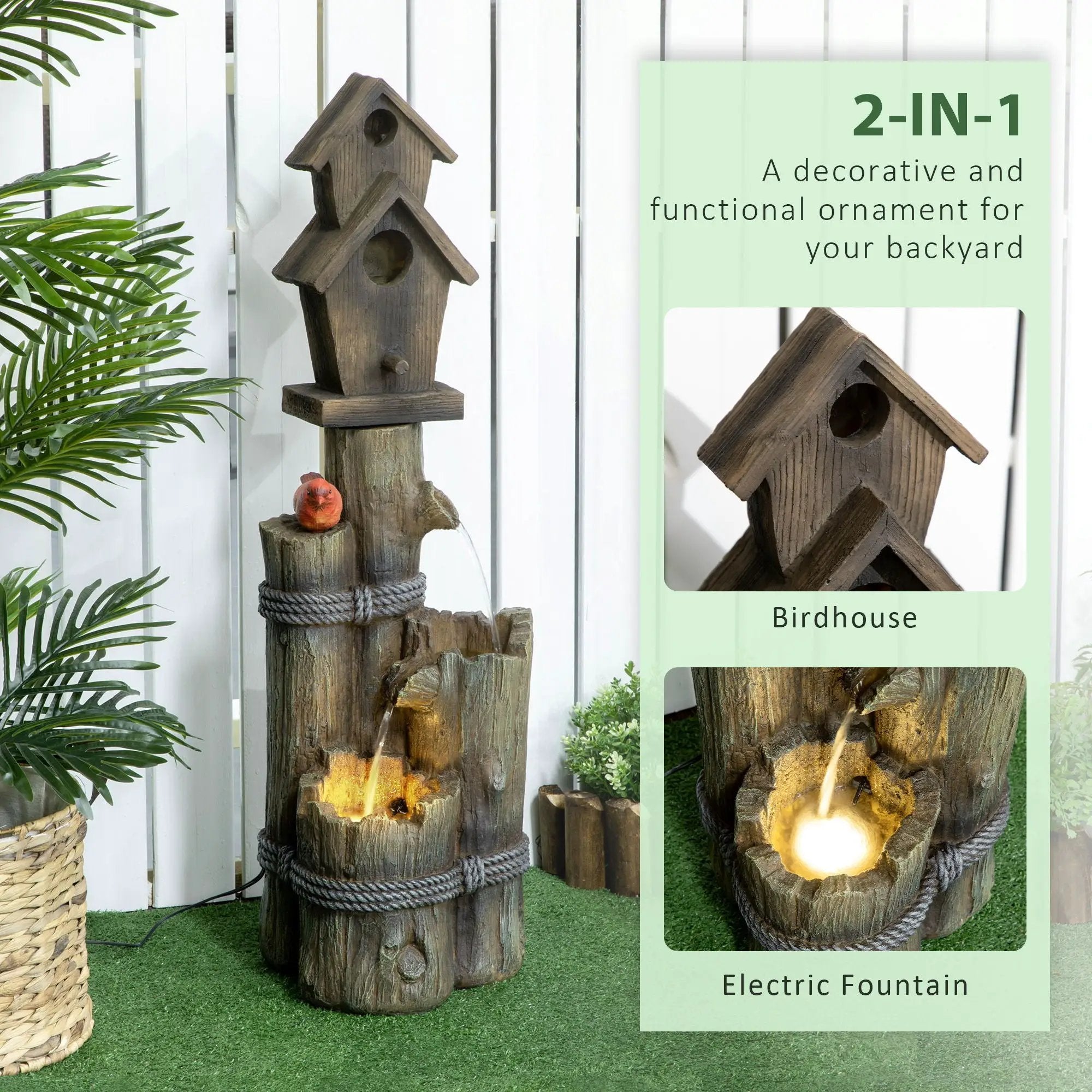 Outsunny - Outdoor Fountain With Birdhouse, Cascading Garden Waterfall Bird Bath With 3 Tier Rustic Tree Trunk / Log Design, LED Lights For Porch, Deck, Yard Decor - Brown by Unique Piece Furniture