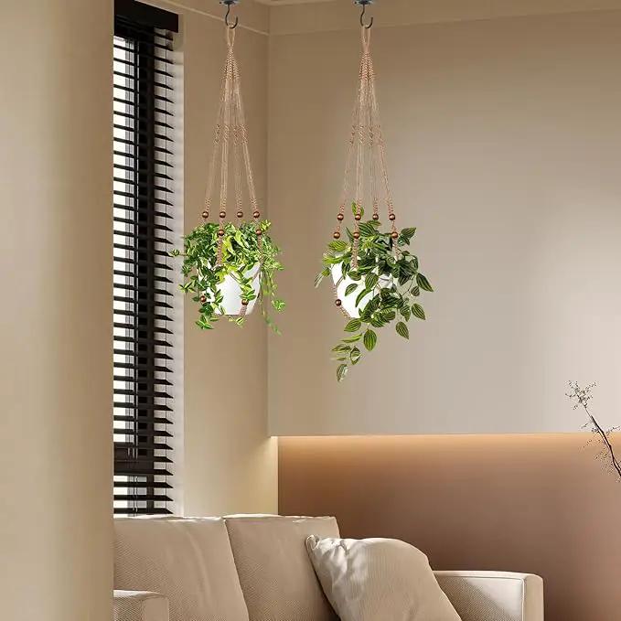 Jute Macrame Plant Hanger Indoor Set of 2 Hanging Planter Basket Flower Pot Holder with Decorative Wood Beads & No Tassels for Indoor Outdoor Boho Home Decor, 35 Inch Brown (Pots Not Included) by GreenHaven Gardens