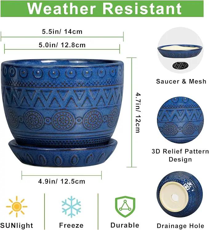 G EPGardening Pot for Plants 5 Inch - Ceramic Planter for Indoor Plants Outdoor, Succulent Pot with Drainage Hole and Saucer, Modern Home Garden Decor, Blue by GreenHaven Gardens