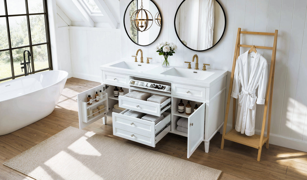 59.1" Modern Bathroom Vanity with Resin Sink and Soft-Close Storage - White, photo 2 of 10