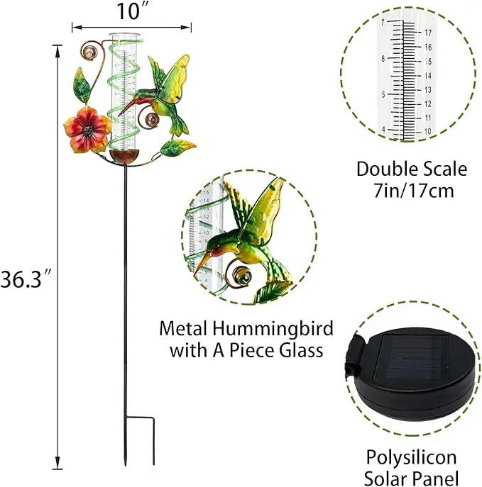 BAYN 36.3” Rain Gauge Outdoor Solar Powered 10 LEDs 7” Tube Garden Hummingbird Metal Decorative Stake with Waterproof Large Glass Tube Rain Guage for Yard, Garden, Patio, Lawn by GreenHaven Gardens