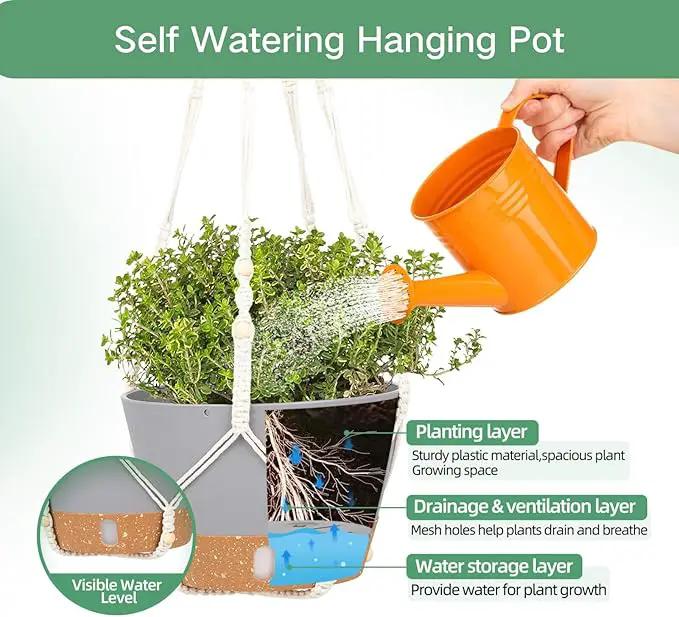 QCQHDU 2 Pack Hanging Planters for Indoor Plants, Outdoor Hanging Baskets, Self Watering Pots with Drainage Holes & Removable Tray (Light Grey, 10 inch, Macrame Hanger) by GreenHaven Gardens