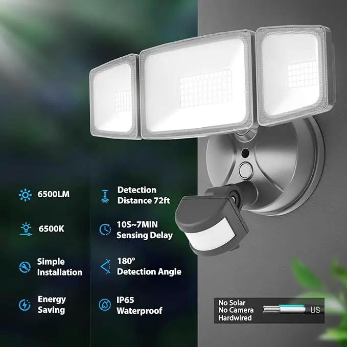 Onforu 65W LED Security Lights Motion Sensor Light Outdoor, 6500LM, 6500K, IP65 Waterproof, Flood Light Outdoor Motion Detector with Adjustable 3 Head, Hardwired Wall Light for Entryway, Yard (Gray) by GreenHaven Gardens