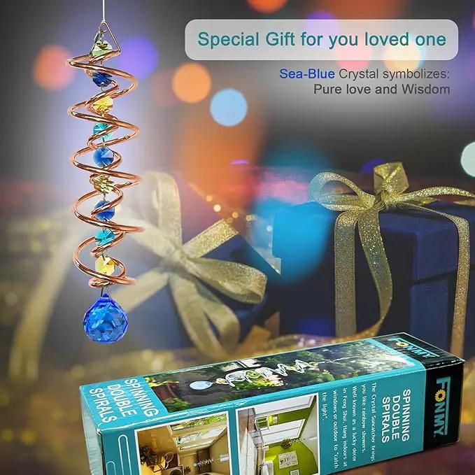 FONMY Gazing Ball Spiral Tail -Decorative Wind Spinner Sun Catcher Rainbow Maker Copper Double-Spiral W/Sea Blue Crystal Ball and Chain Crystals Beads for Indoor Outdoor Garden Decoration -14 inch H by GreenHaven Gardens
