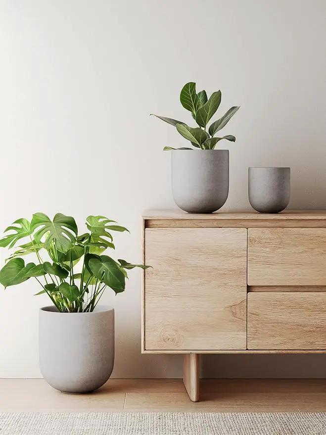 LE TAUCI 6+8+10 Inch Plant Pots Indoor, Ceramic Planters for Indoor Plants, Cylinder Pots with Drainage Hole and Plug, Planter Pots for Home Office Room Patio, Set of 3, Neutral Gray by GreenHaven Gardens