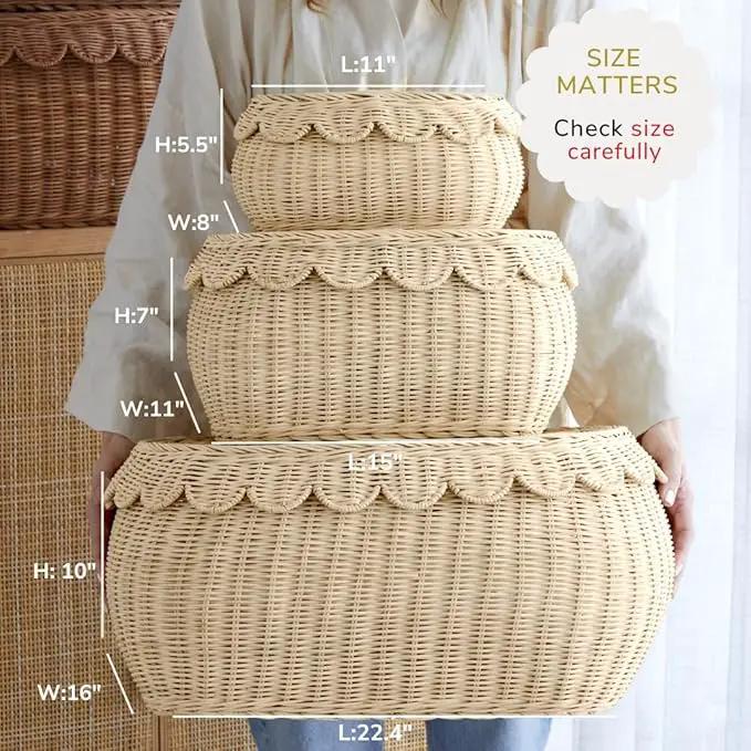 BEBE BASK Large Scalloped Basket Set Of 3 - Hand-Woven & Award-Winning Scallop Basket - XL - Extra Large for Blankets 22 x 16 x 10 In - Elegant Wicker With Scalloped Edge Lid (Natural) by GreenHaven Gardens