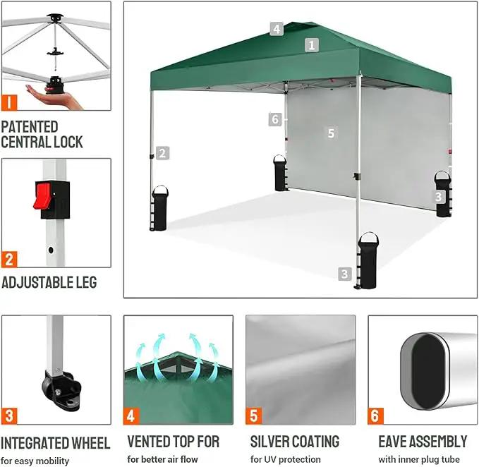 CROWN SHADES 10x10 Pop Up Canopy with 1 Side Wall - Beach Tent with One Push Setup - Outdoor Sun Shade for Events, Parties, Camping - Gazebo with STO-N-Go Cover Bag (Forest Green) by GreenHaven Gardens