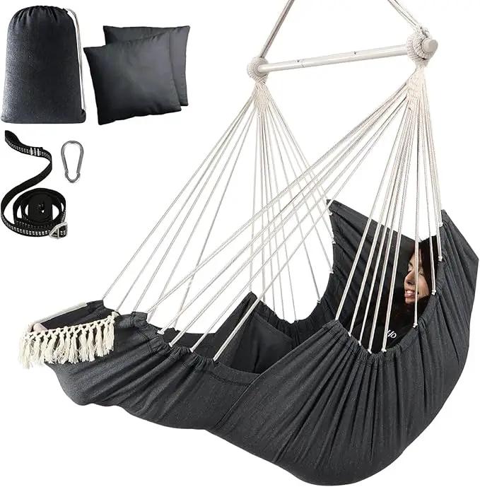 Chihee Hammock Chair Hanging Chair with Foot Rest 2 Cushions Max 500lbs Robust Metal Spreader Bar Collapsible Easy Storage Soft Cotton Swing Chair Strong Strap Iron Carabiner Side Pocket Included by GreenHaven Gardens