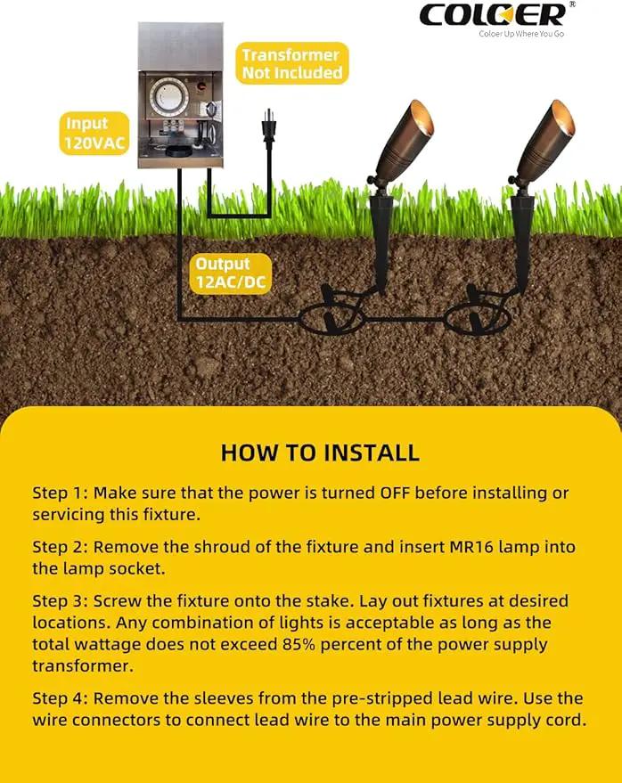 COLOER Brass Landscape Spotlights, 10 Pack Landscape Light Fixture with 5W Aluminum Housing MR16 LED Bulb 2700K 450LM,12V AC/DC Low Voltage Outdoor Spot Lighting, Uplight for Garden and Patio(102B) by GreenHaven Gardens