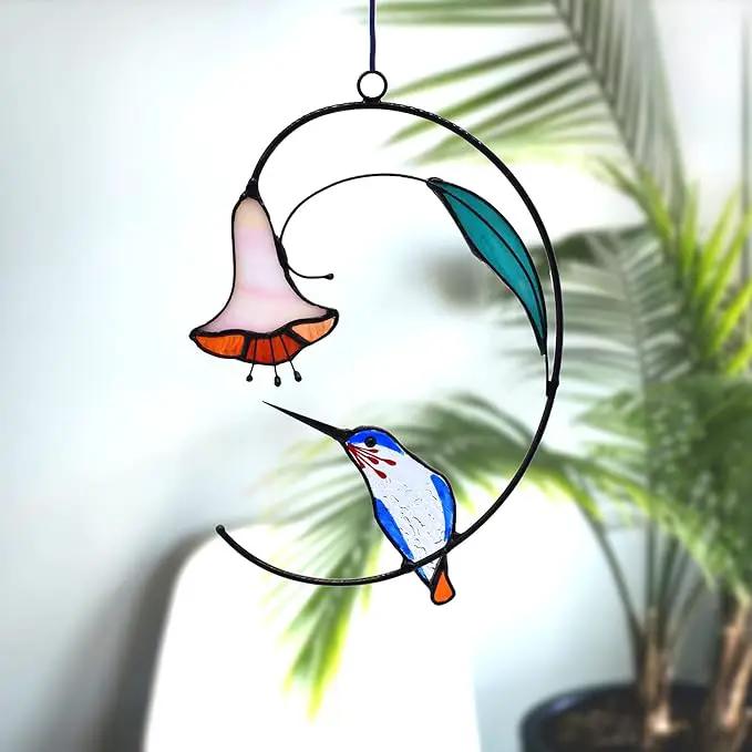 Lolitarcrafts Hummingbird with Flower Stained Glass Suncatcher Bird Stained Glass Window Hangings Hummingbird Gift for Home Decor (Blue) by GreenHaven Gardens