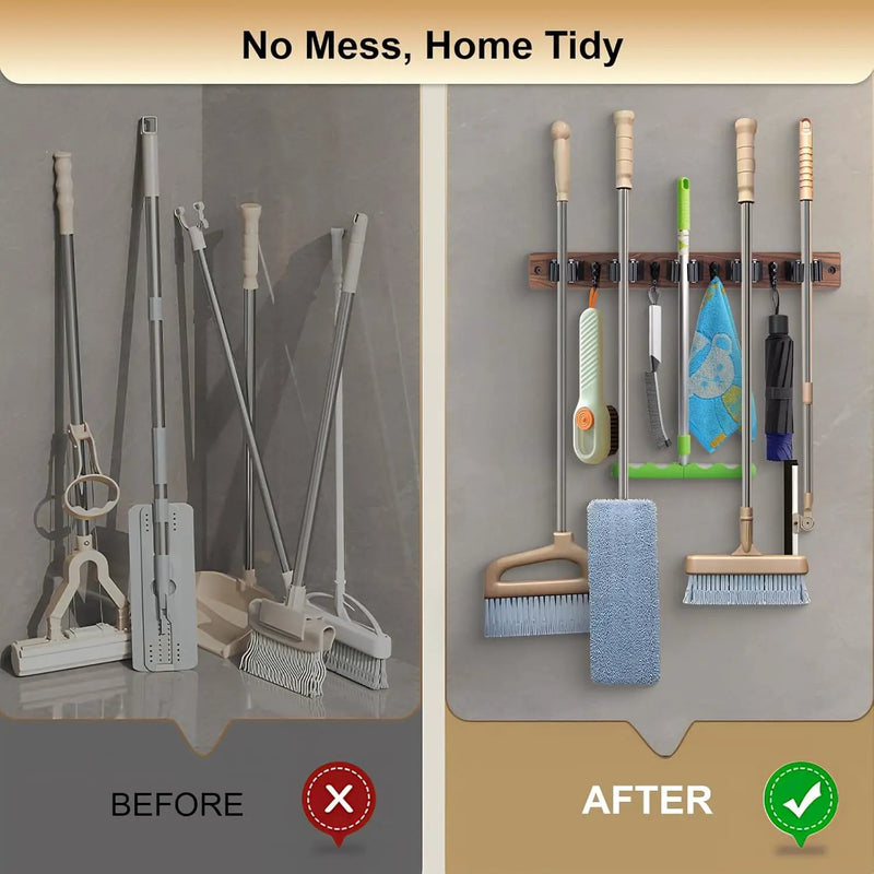 Broom Holder Wall Mount With 5 Slots & 4 Hooks，Rustic Wood Broom & Mop Hanger，Wall Mounted Garden & Garage Tool Storage Organizer Rack for Closet Laundry Room or Kitchen Wall Decor Black by GreenHaven Gardens