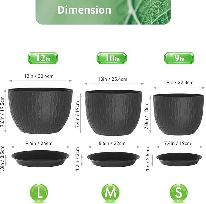 Plant Pots 12/10/9 Inch Pots, Set of 3 Plastic Planters with Drainage Holes and Saucers,Plastic Flower Pots,Nursery Planting Pot for Indoor Out Door Plants（Black） by GreenHaven Gardens