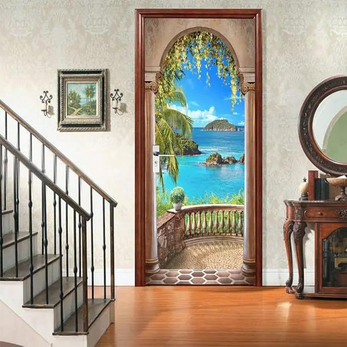 3D Door Stickers Murals - Landscape - Peel and Stick - Waterproof & Washable - Matt Finish - Tropical Style - White - 35.4" x 78.7" - 2 PARTS by GreenHaven Gardens