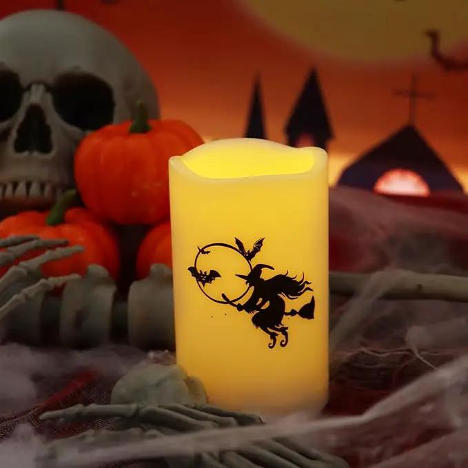 Halloween Outdoor Battery Operated Flameless Pillar Candles with Auto Daily Timer Waterproof Realistic Flickering Electric LED Lights with Pumpkin Witch Decals Halloween Decorations 2 Pack 3X5” by GreenHaven Gardens