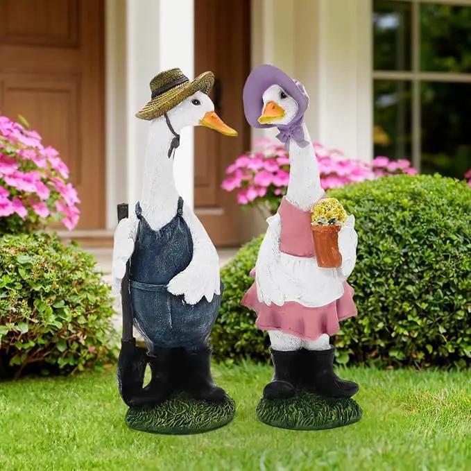 Porch Goose Statue with Outfits Large Garden Sculpture Home Outdoor Decorations Lawn Resin Big Duck Figurine Outside Yard Geese Decor Life Size Farmhouse Duckling Couple Dress Up by GreenHaven Gardens