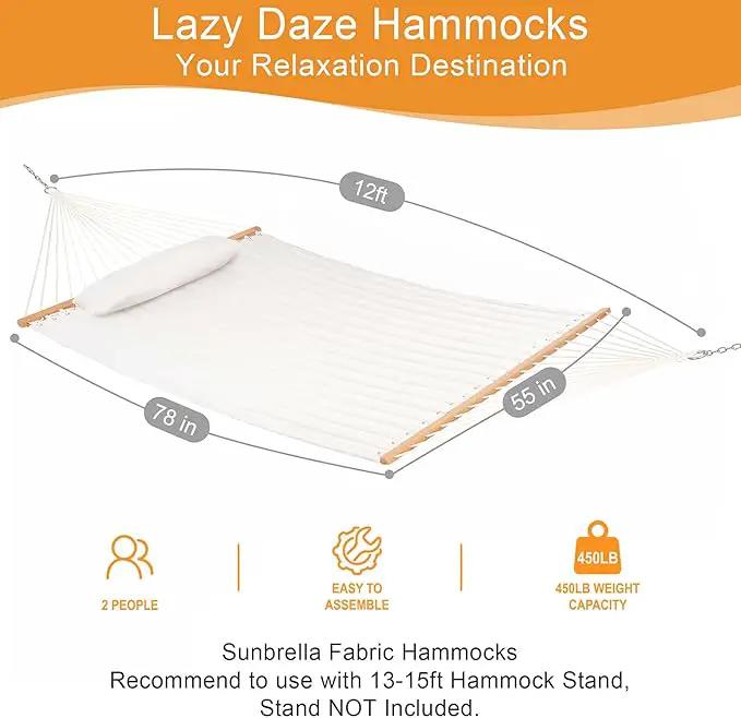 Lazy Daze 12 FT Sunbrella Quilted Double Hammock with Hardwood Spreader Bar, 450 lbs Capacity, Cream by GreenHaven Gardens