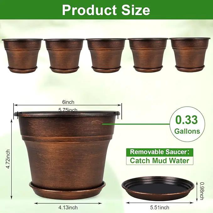 Plant Planters Pots Set of 6 Pack 6 Inch, Plastic Flower Pot for Indoor Plants with Drainage Holes & Trays, Resin Decorative Container Sets with Saucer for House Outdoor Garden Planters Dark Gold by GreenHaven Gardens