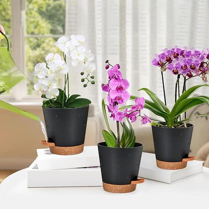 Orchid Pots with Holes, 6 Inch Self Watering Orchid Pot 2 Pack Plastic Plant Pots for Orchid, Flower (Black+Brown) by GreenHaven Gardens