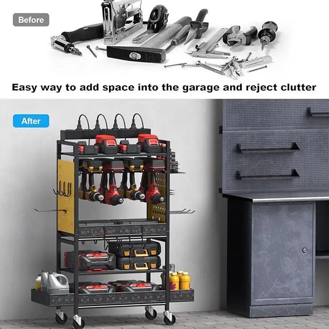 CCCEI Garage Power Tools Organizer Cart with Charging Station, Black Floor Standing Rolling Drill and Tools Battery Storage Cart on Wheels. Yellow Utility Rack Gift for Men, Husband, Father. by GreenHaven Gardens