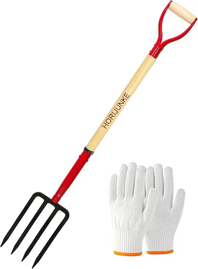 Heavy Duty Garden Fork for Digging, 4 Tines Pitch Fork for Gardening Compost, Garden Pitch Fork with Wooden Handle, 45 Inches-Red by GreenHaven Gardens