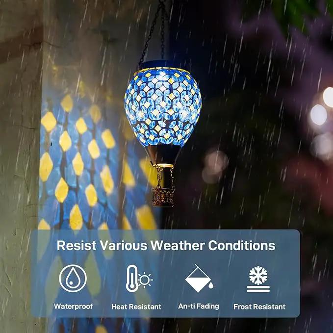 Mosaic Hot Air Balloon Solar Lantern with Flickering Flame, Blue Mosaic Hanging Solar Lantern Lights Outdoor Waterproof for Garden Patio Gifts for Women Mom Grandma by GreenHaven Gardens