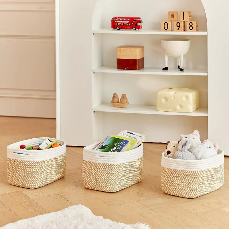 Small Cotton Rope Basket – Storage Bin for Organizing (10.6" x 6.7" x 6.7"), Bathroom Storage Basket for Shelf, Counter & Closet（White & Mixed Camel） by GreenHaven Gardens