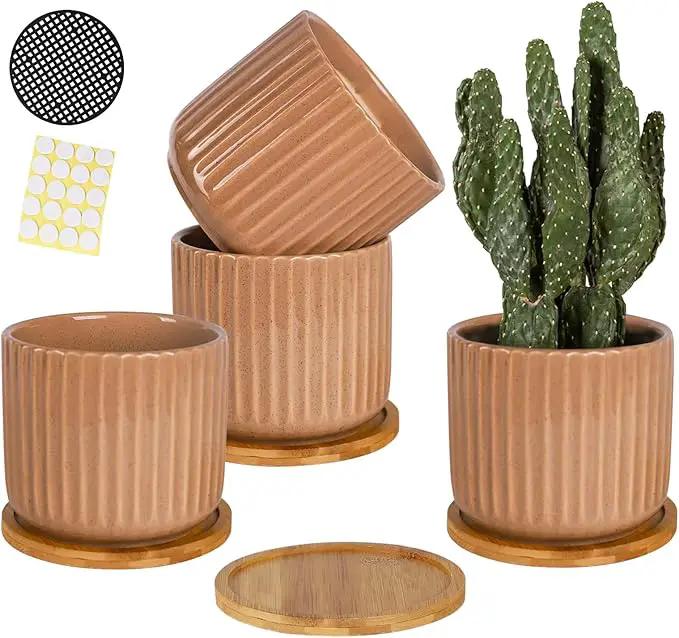 TAMAYKIM 5.25 Inch Ceramic Plant Pots with Drainage Holes and Saucers, Modern Flower Pots with Trays for Indoor Planters, Snake Plant, Succulent, Cactus and Herbs, Red, Set of 4 by GreenHaven Gardens