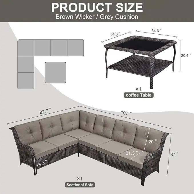 Outdoor Furniture Sectional Sofa L Shaped Couch - Patio Wicker Set with Coffee Table, 3 Piece Rattan Patio Conversation Sets with Gray Cushion for Deck Backyard Sunroom by GreenHaven Gardens