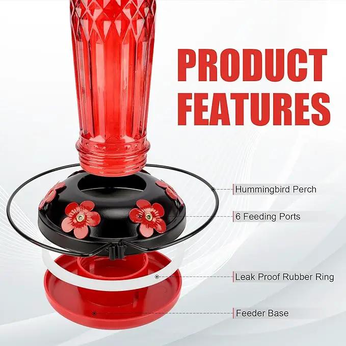 Hummingbird Feeder-16 Ounces，6 Feeding Ports Glass Hummingbird feeders for Outdoors,Wide Mouth for Easy Filling/Cleaning，Hanging for Garden Backyard Decor, Includes Ant Moat (Red) by GreenHaven Gardens