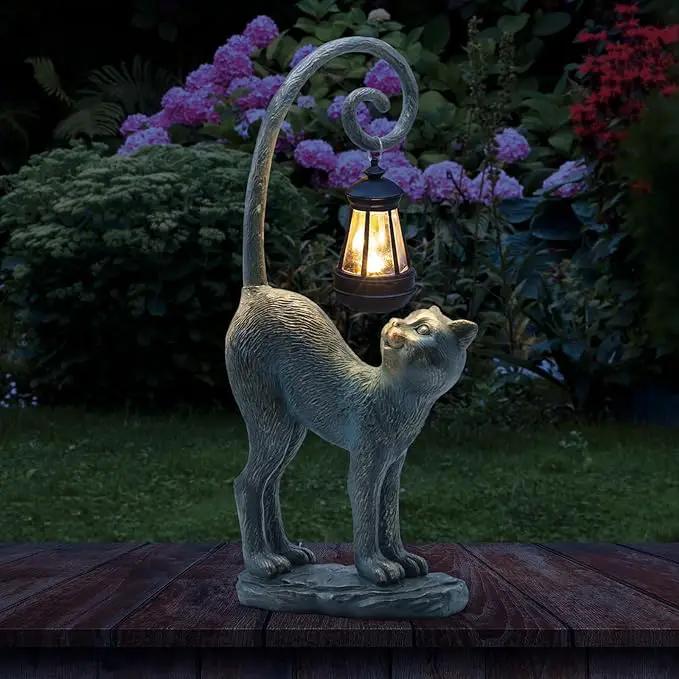 Resin Cat Statue with Solar Lantern, Eye-catching Garden Sculpture Decor，15.3" Height Outdoor Figurine for Garden Yard Patio Decorations，Birthday Gifts by GreenHaven Gardens
