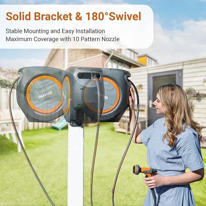 Ruvup Retractable Garden Hose Reel,1/2in x 150ft Water Hose Reel with Metal Bracket, UV Resistant Automatic Hose Reel Wall Mount for Outside, Slow Retraction Any Length Lock 10 Spray Nozzle by GreenHaven Gardens