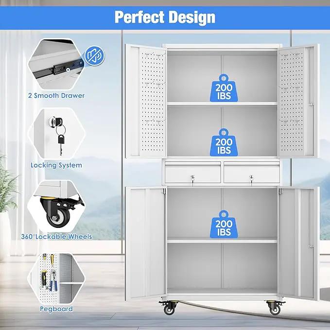Metal Garage Storage Cabinet with Locking Doors and 2 Adjustable Shelves, Rolling Tool Storage Cabinet with 4 Wheels and 2 Drawer for Garage, Warehouse, White, Assembly Required by GreenHaven Gardens
